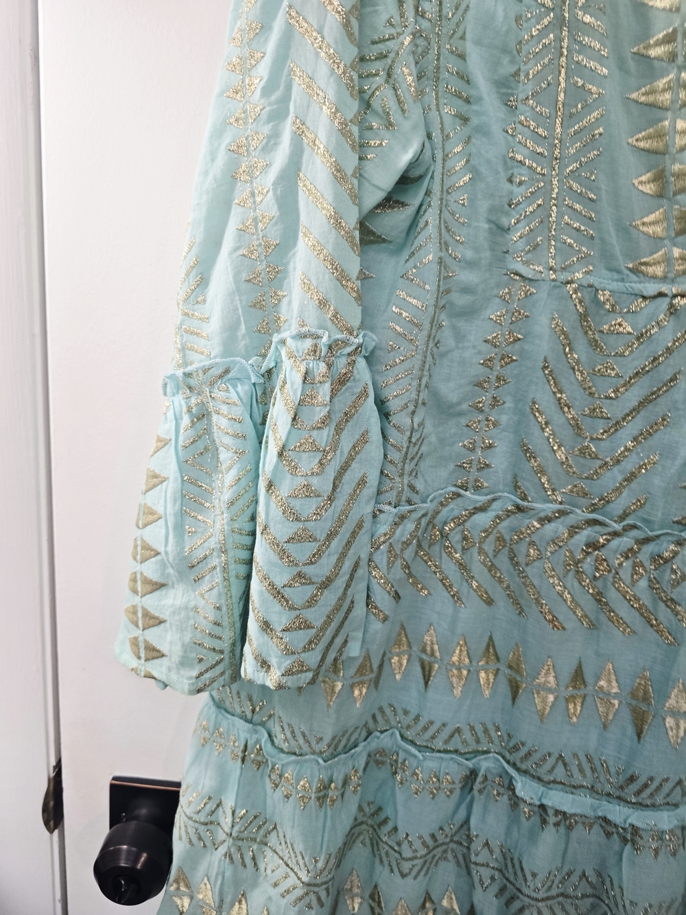 Boston Proper Turquoise Long Sleeve V Neck Minidress W Gold Embroidery-Med - Picture 11 of 16